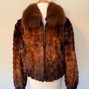 Elegant Whiskey Genuine Mink Coat with Real Fox Fur Collar